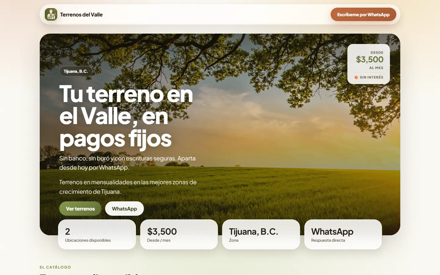 Página de ejemplo de un agente, con sus terrenos y mensualidades
