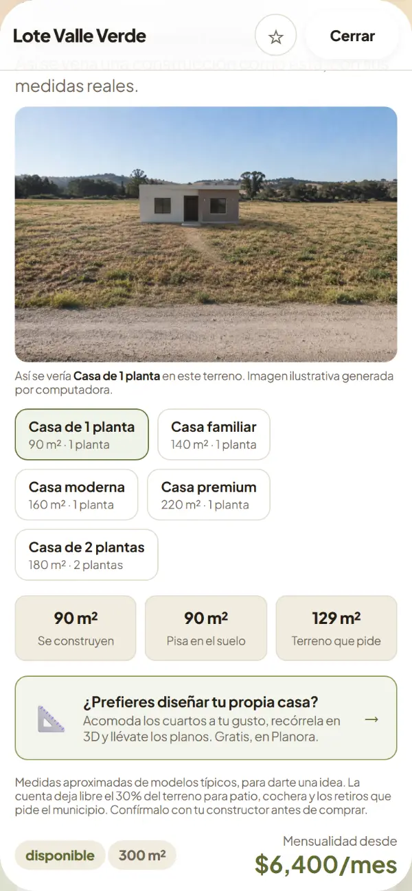Una casa de una planta puesta sobre la foto del terreno